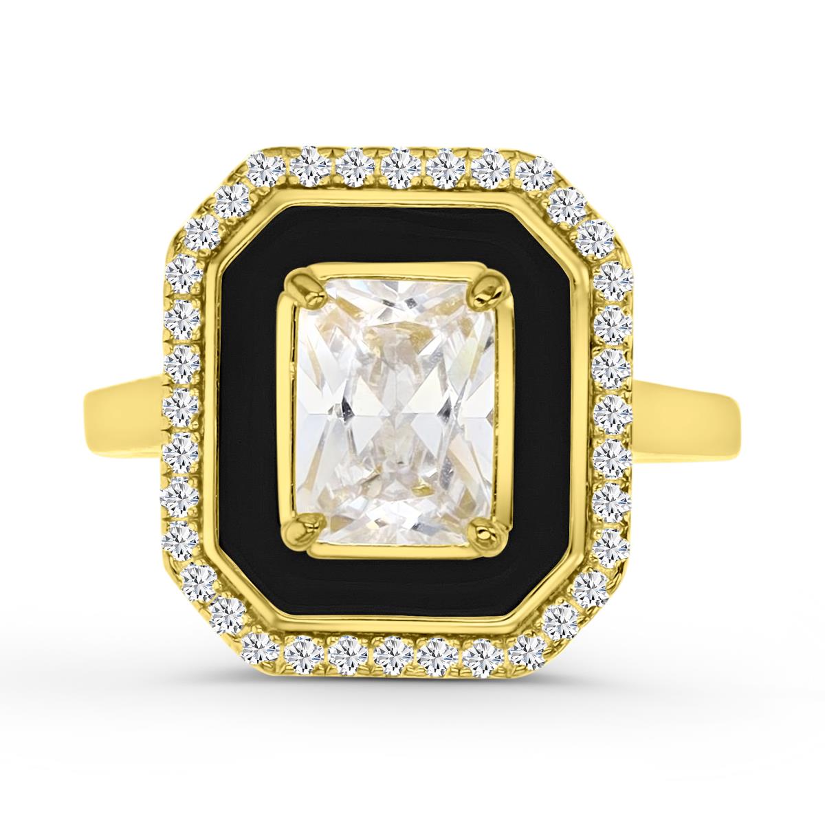 Sterling Silver Yellow 1M 16X14MM Polished White CZ & Black Enamel Emerald Cut Ring