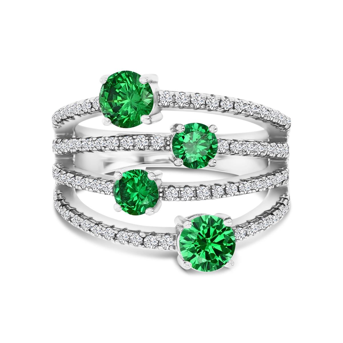 Sterling Silver Rhodium 17MM Polished Green & White CZ Four Open Row Pave Ring