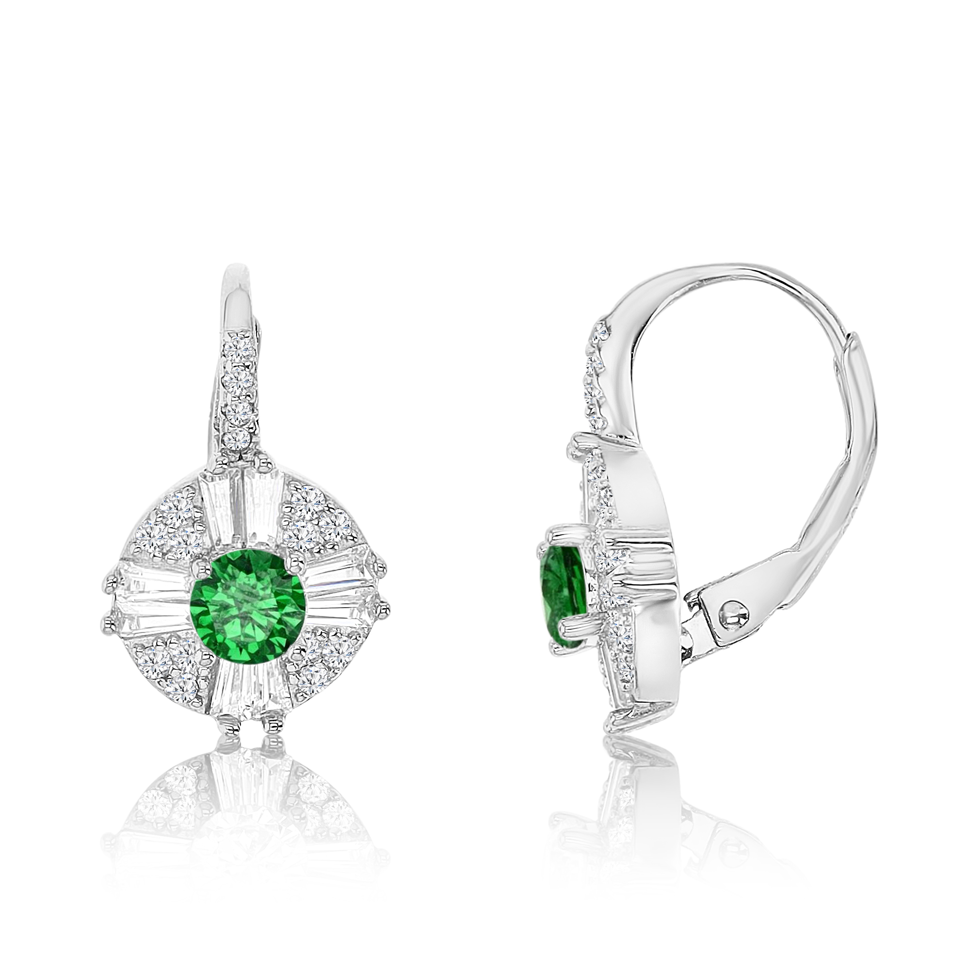 Sterling Silver Rhodium 17X11MM Polished Green & White CZ Lever Back Drop Earring