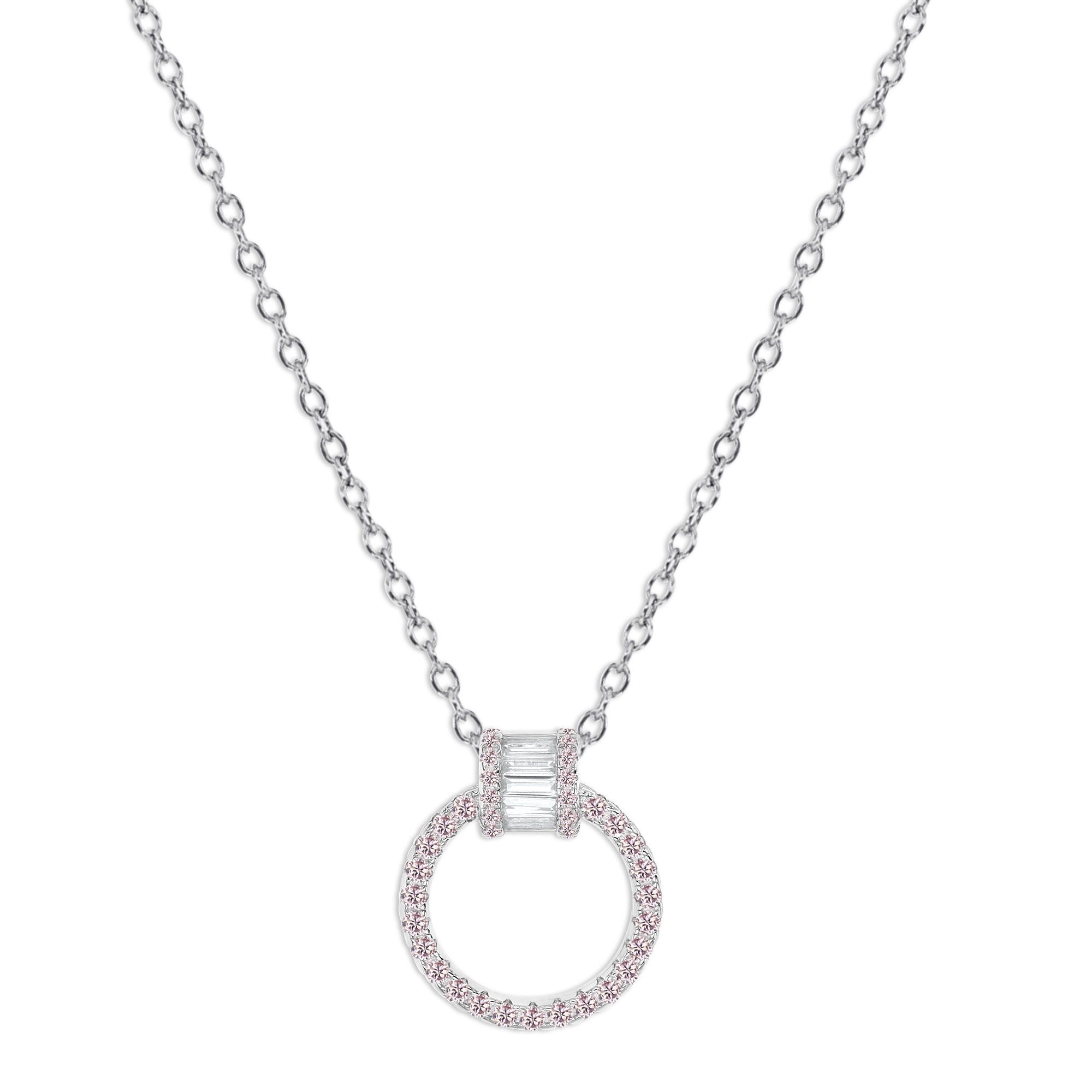 Sterling Silver Rhodium 18MM Polished Pink & White CZ Pave Door Knocker 18'' Necklace