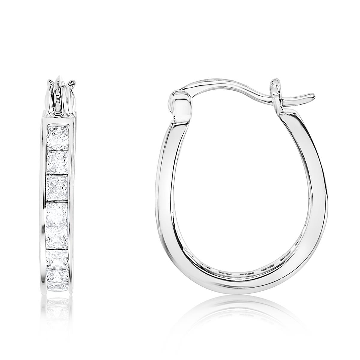 Sterling Silver Rhodium 3MM Polished White CZ Princess Cut Pave Hoop Earring