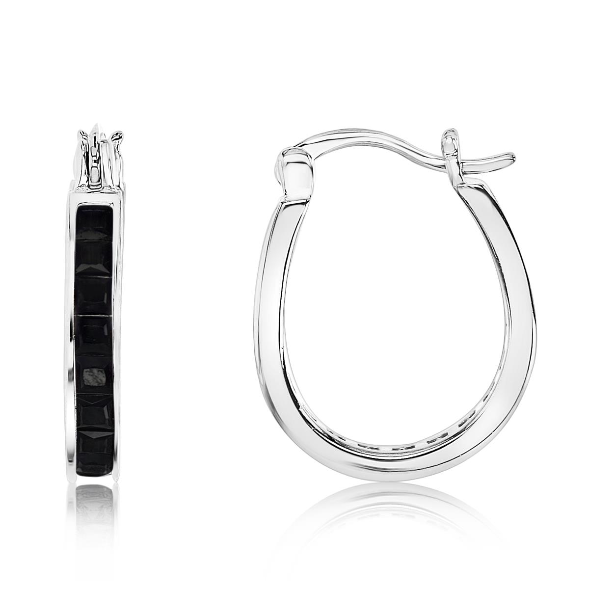 Sterling Silver Rhodium 3MM Polished Black Spinel  Princess Cut Pave Hoop Earring