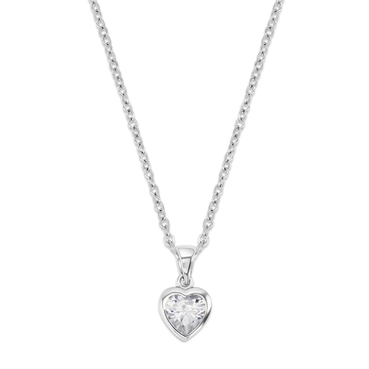 Sterling Silver Rhodium 11MM Polished White CZ Bezel  Heart Shape 18'' Necklace