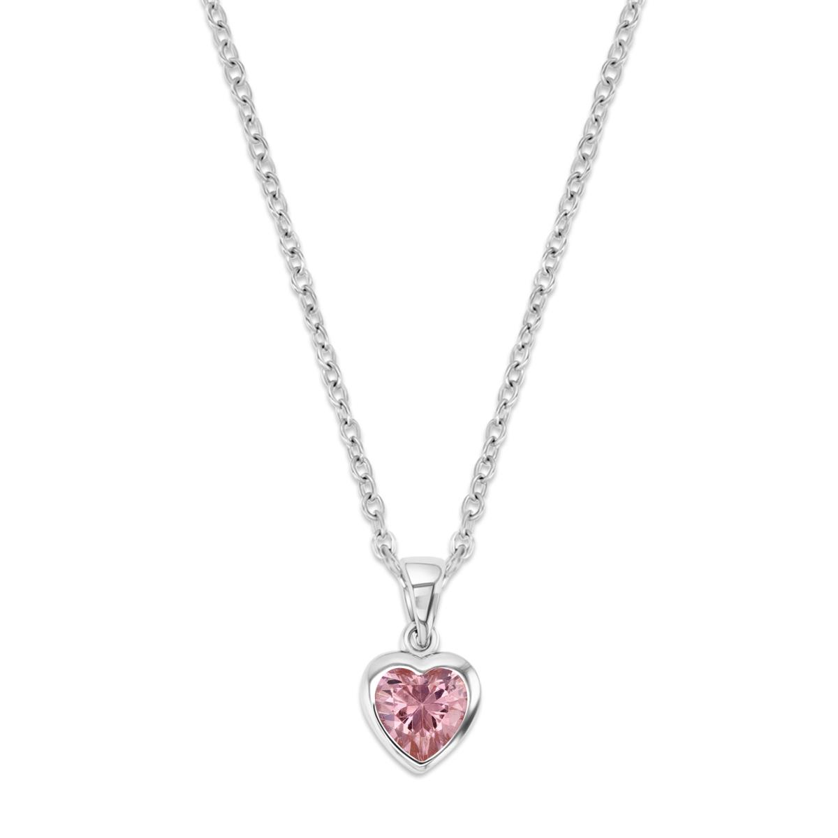 Sterling Silver Rhodium 11MM Polished Pink CZ Bezel Heart Shape 18'' Necklace