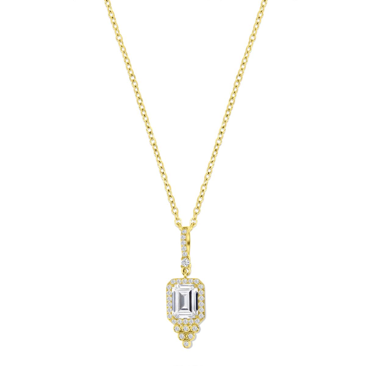 Sterling Silver Yellow 1M 16X9MM Polished White CZ Emerald Cut Halo Bezel Dangling 18'' Necklace