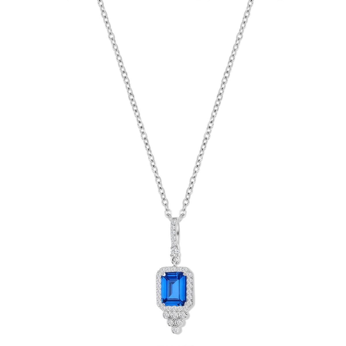 Sterling Silver Rhodium 16X9MM Polished Created Spinel & White CZ Emerald Cut Halo Bezel Dangling 18'' Necklace