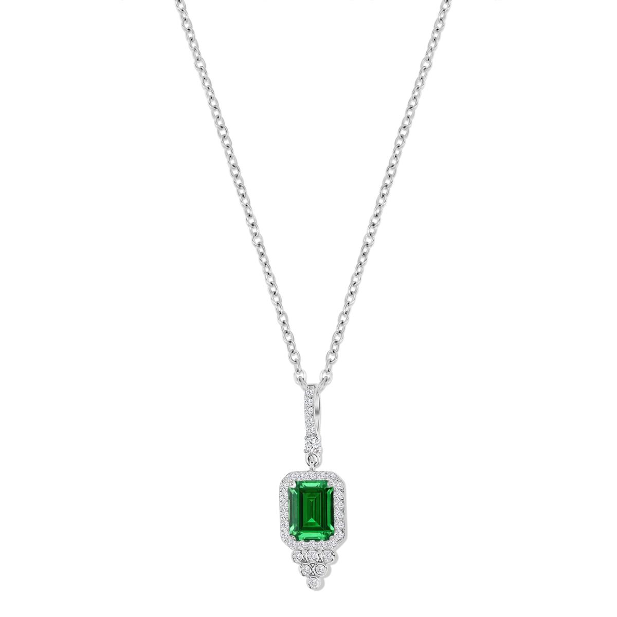 Sterling Silver Rhodium 16X9MM Polished Green & White CZ Emerald Cut Halo Bezel Dangling 18'' Necklace