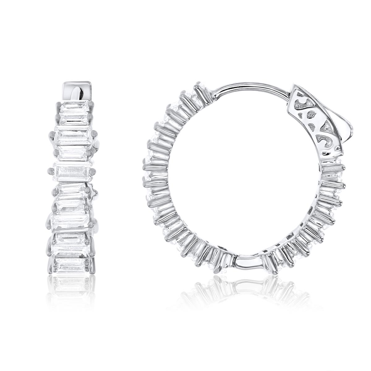 Sterling Silver Rhodium 5MM Polished White CZ Baguette Hoop Earring