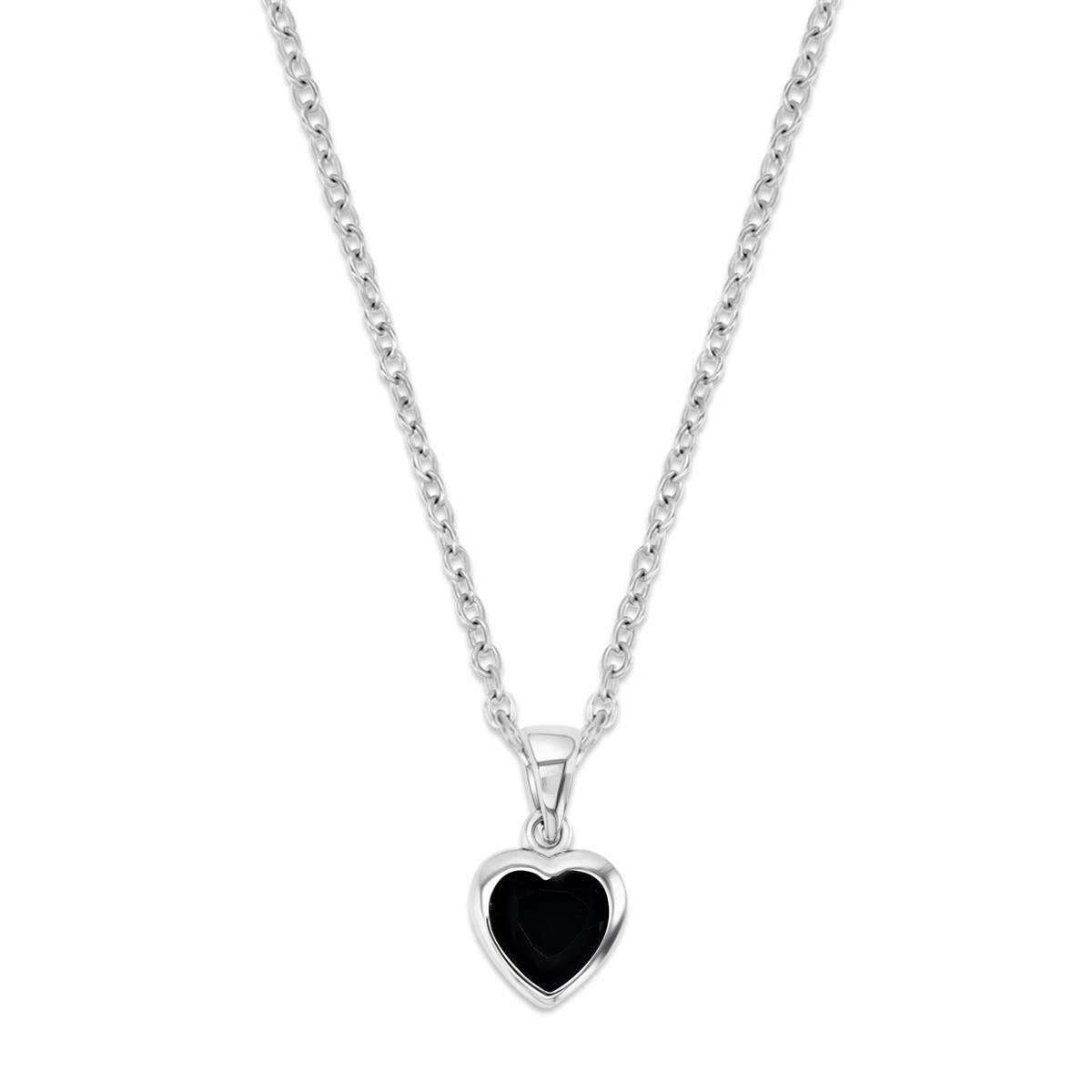Sterling Silver Rhodium 11MM Polished Black Spinel Bezel Heart Shape 18'' Necklace