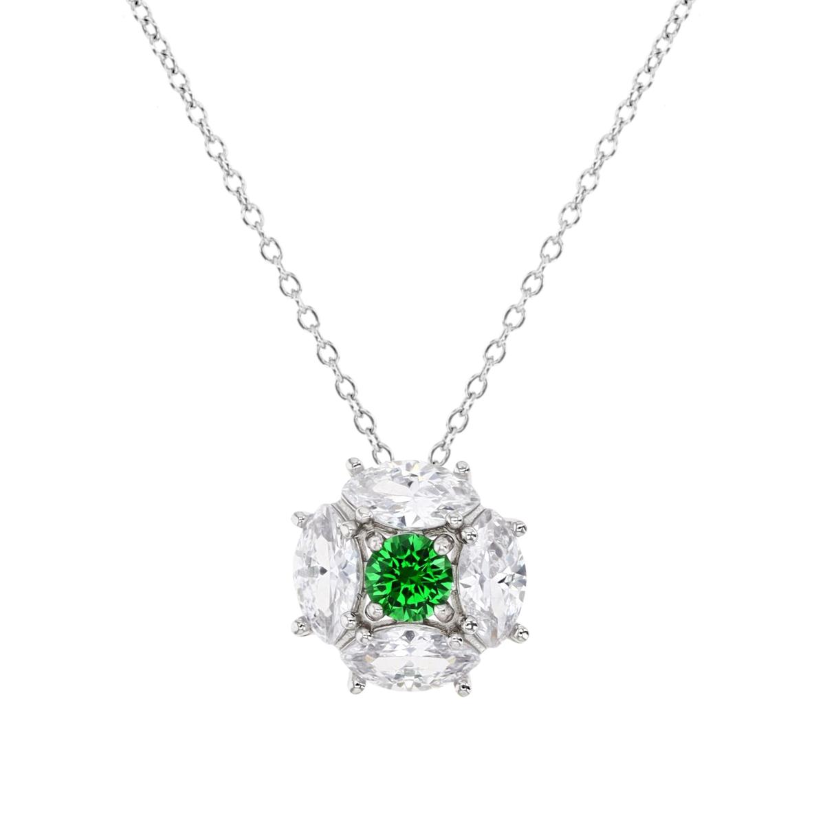 Sterling Silver Rhodium 11MM Polished Green & White CZ Round & Marquise Cluster 18''Necklace
