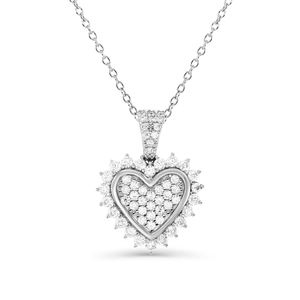 Sterling Silver Rhodium 21MM Polished White CZ Pave Heart 18'' Necklace
