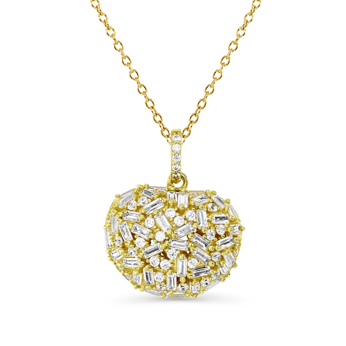 Sterling Silver Yellow 1M 21MM Polished White CZ Baguette Brush Strokes Heart 18''Necklace