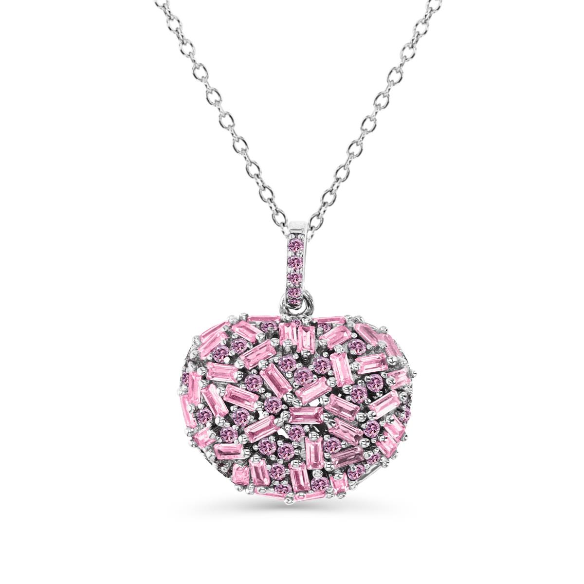 Sterling Silver Rhodium 21MM Polished Pink CZ Baguette Brush Strokes Heart 18''Necklace