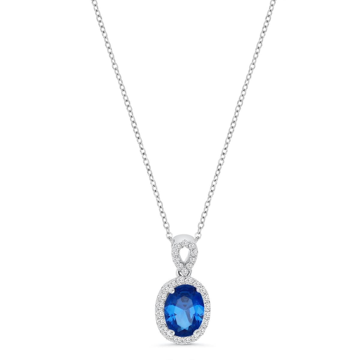 Sterling Silver Rhodium 16MM Polished Sapphire & White CZ Oval 18'' Necklace