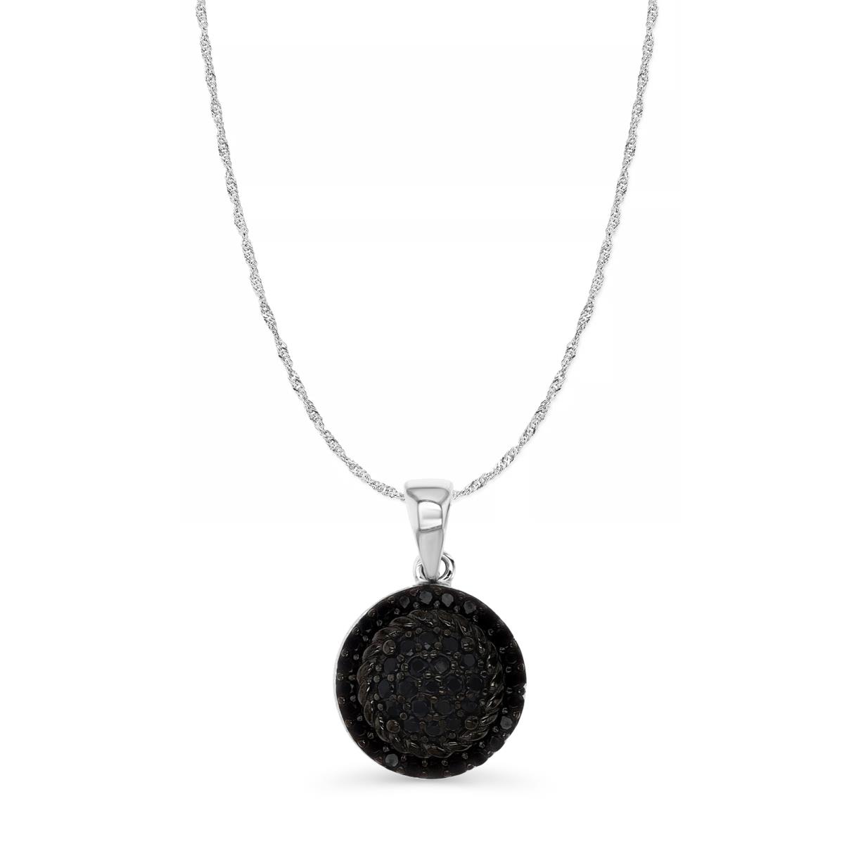 Sterling Silver Rhodium 19X12MM Polished Black Spinel Pave Circle Dangling 18+2'' Singapore Necklace