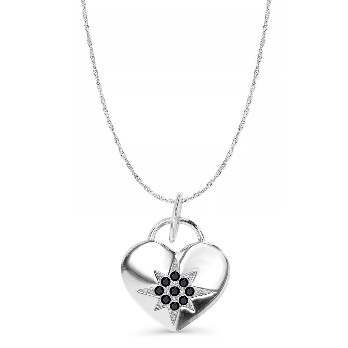 Sterling Silver Rhodium 25X17MM Polished Black Spinel Star Heart Dangling 18+2'' Necklace