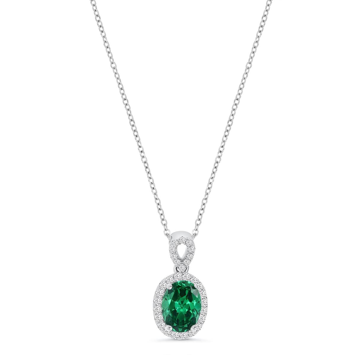 Sterling Silver Rhodium 16MM Polished Green & White CZ Oval 18'' Necklace