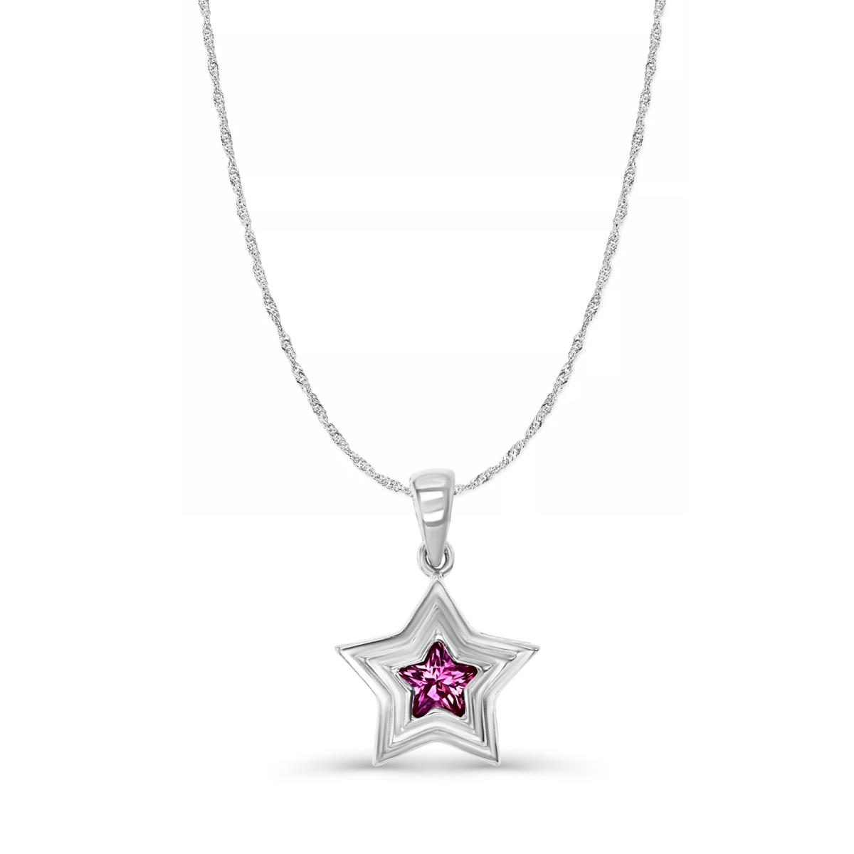 Sterling Silver Rhodium 18X13MM Polished Cr Ruby  #3 Dangling Star 18+2'' Singapore Necklace