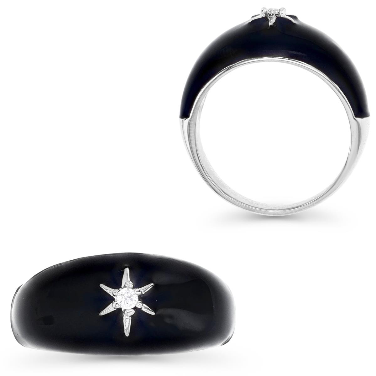 Sterling Silver Rhodium 10MM Polished Cr White Sapphire & Black Enamel Star Ring