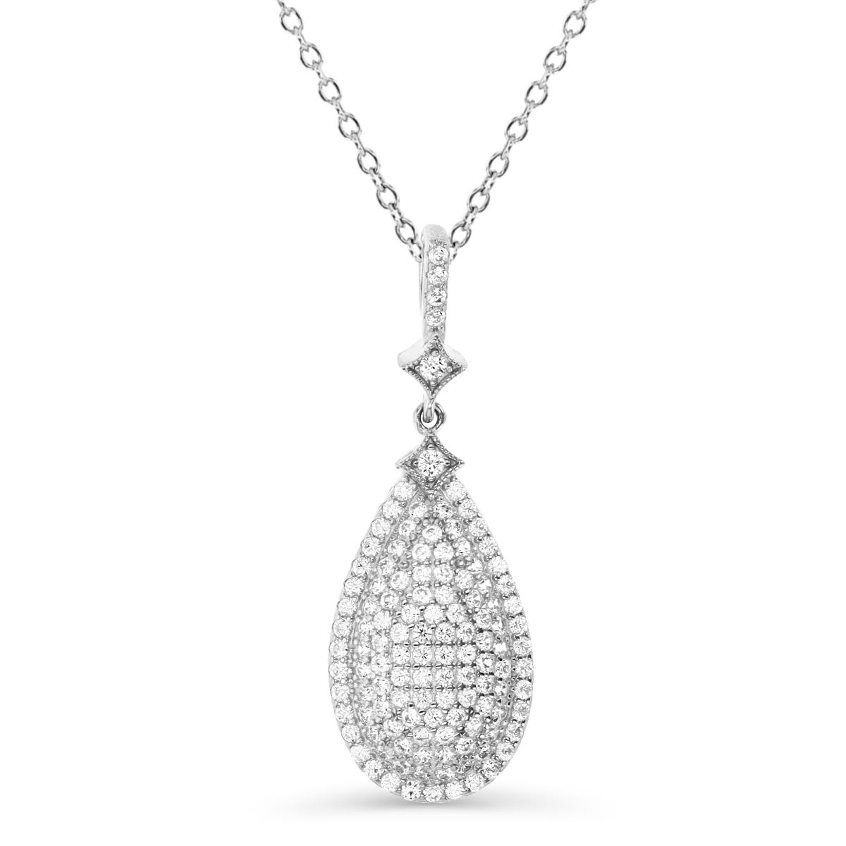 Sterling Silver Rhodium 38MM Polished White CZ Pave Tear Drop 18'' Necklace