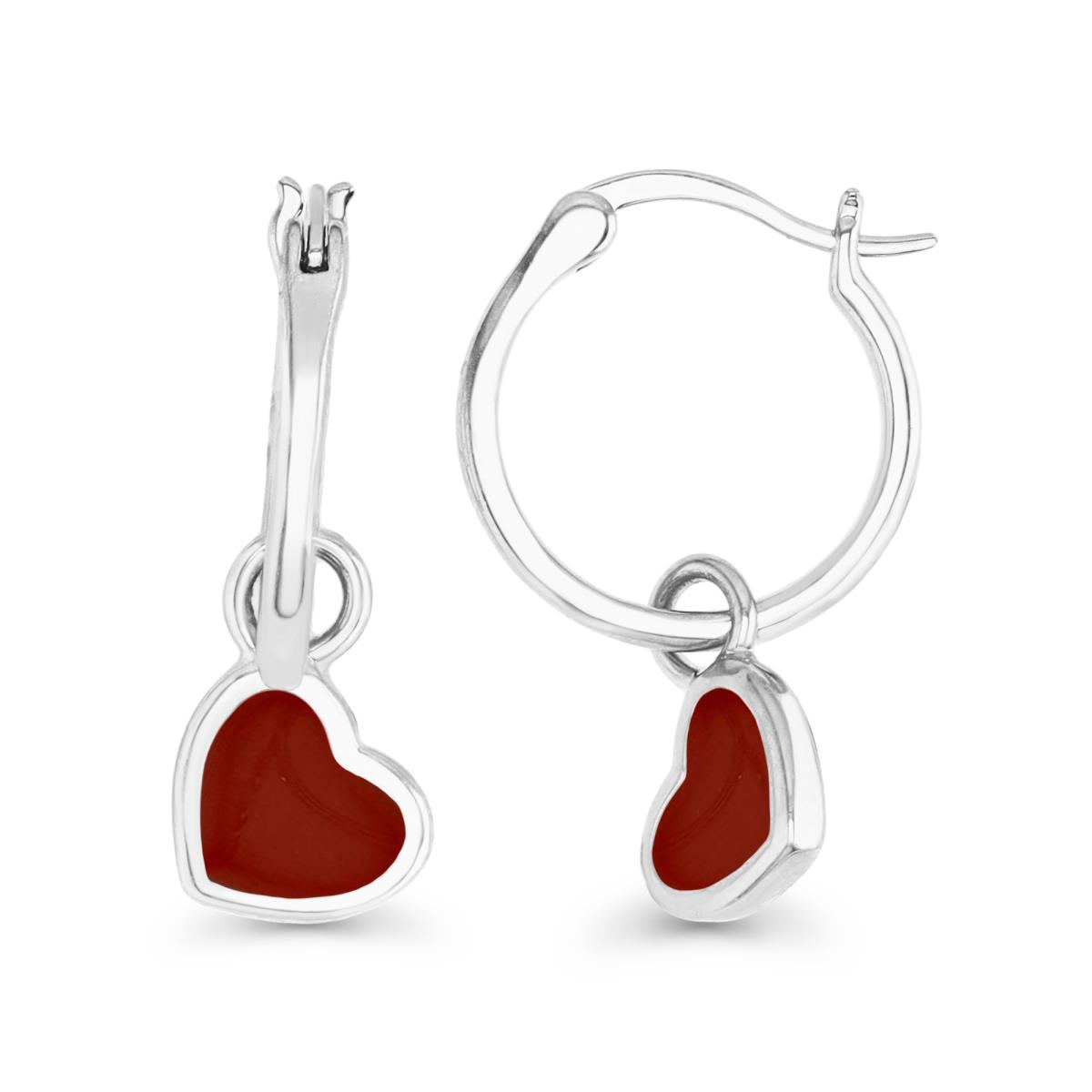 Sterling Silver Rhodium 25X9MM Polished Red Enamel Bezel Heart Dangling Earring