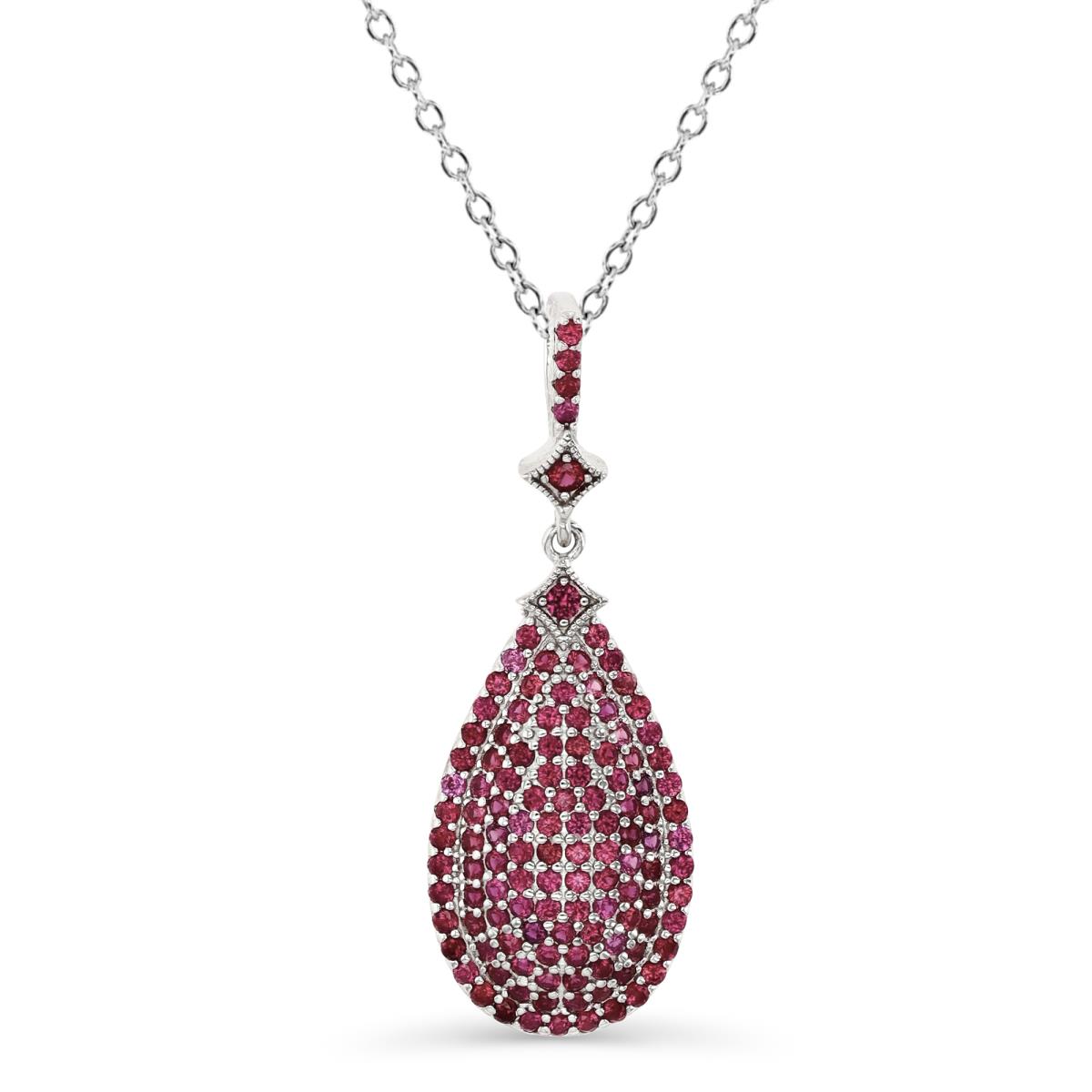 Sterling Silver Rhodium 38MM Polished Cr Ruby Pave Tear Drop 18'' Necklace