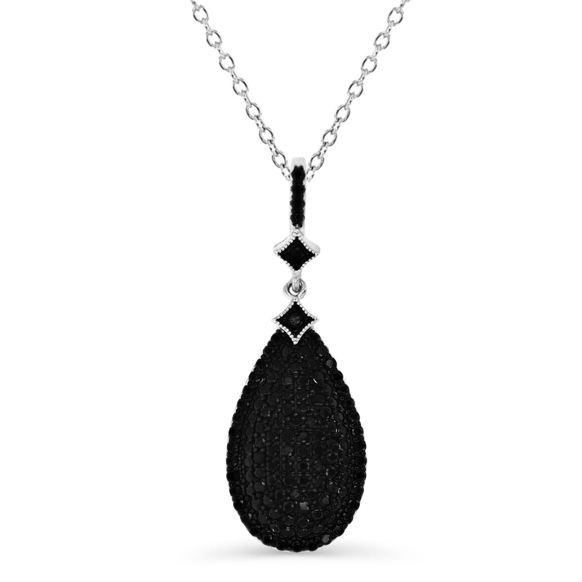 Sterling Silver Rhodium 38MM Polished Black CZ Pave Tear Drop 18'' Necklace