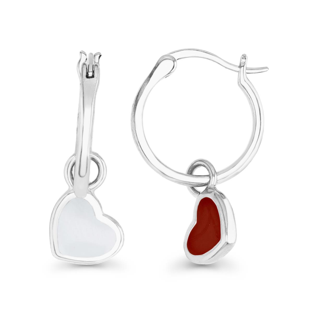 Sterling Silver Rhodium 25X9MM Polished Red & White  Enamel Bezel Heart Dangling Earring