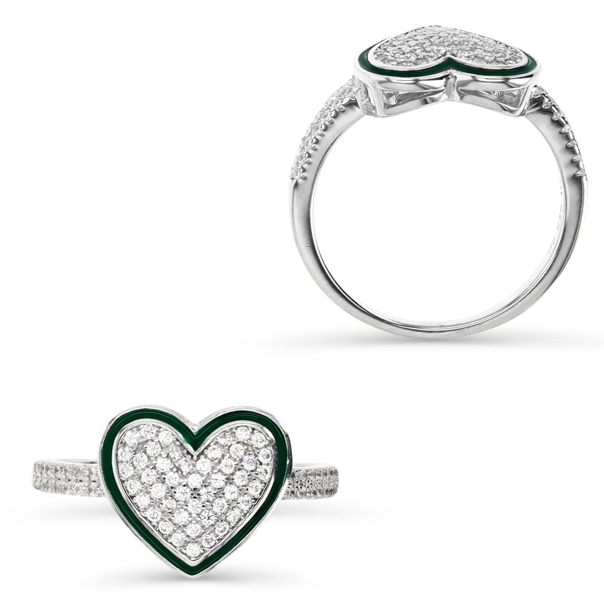 Sterling Silver Rhodium 12MM Polished White CZ Pave & Green Enamel Heart Ring