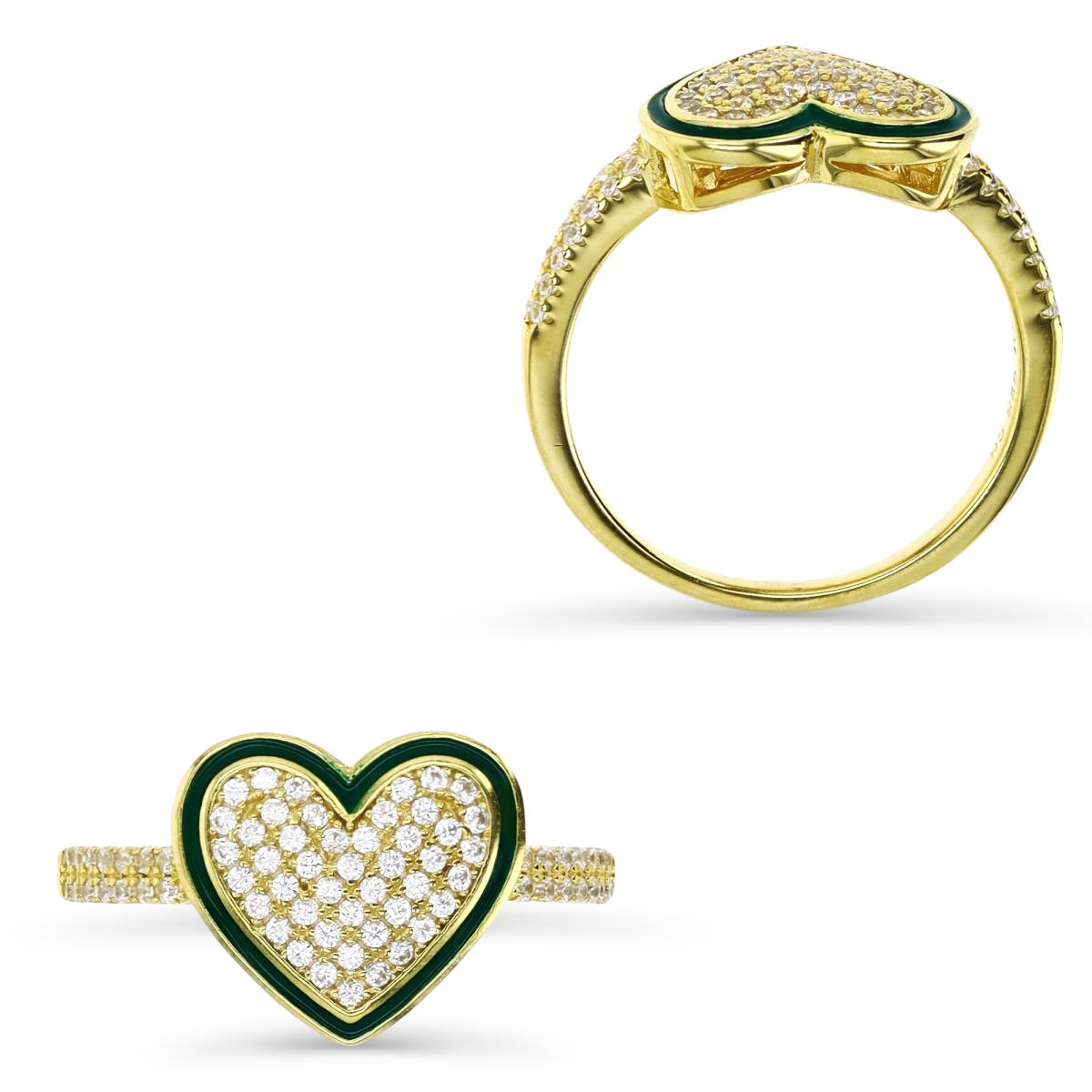 Sterling Silver Yellow 1M 12MM Polished White CZ Pave & Green Enamel Heart Ring