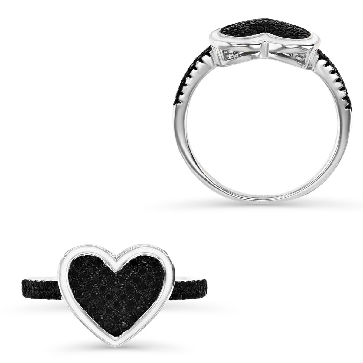 Sterling Silver Rhodium 12MM Polished Black Spinel Pave & White Enamel Heart Ring