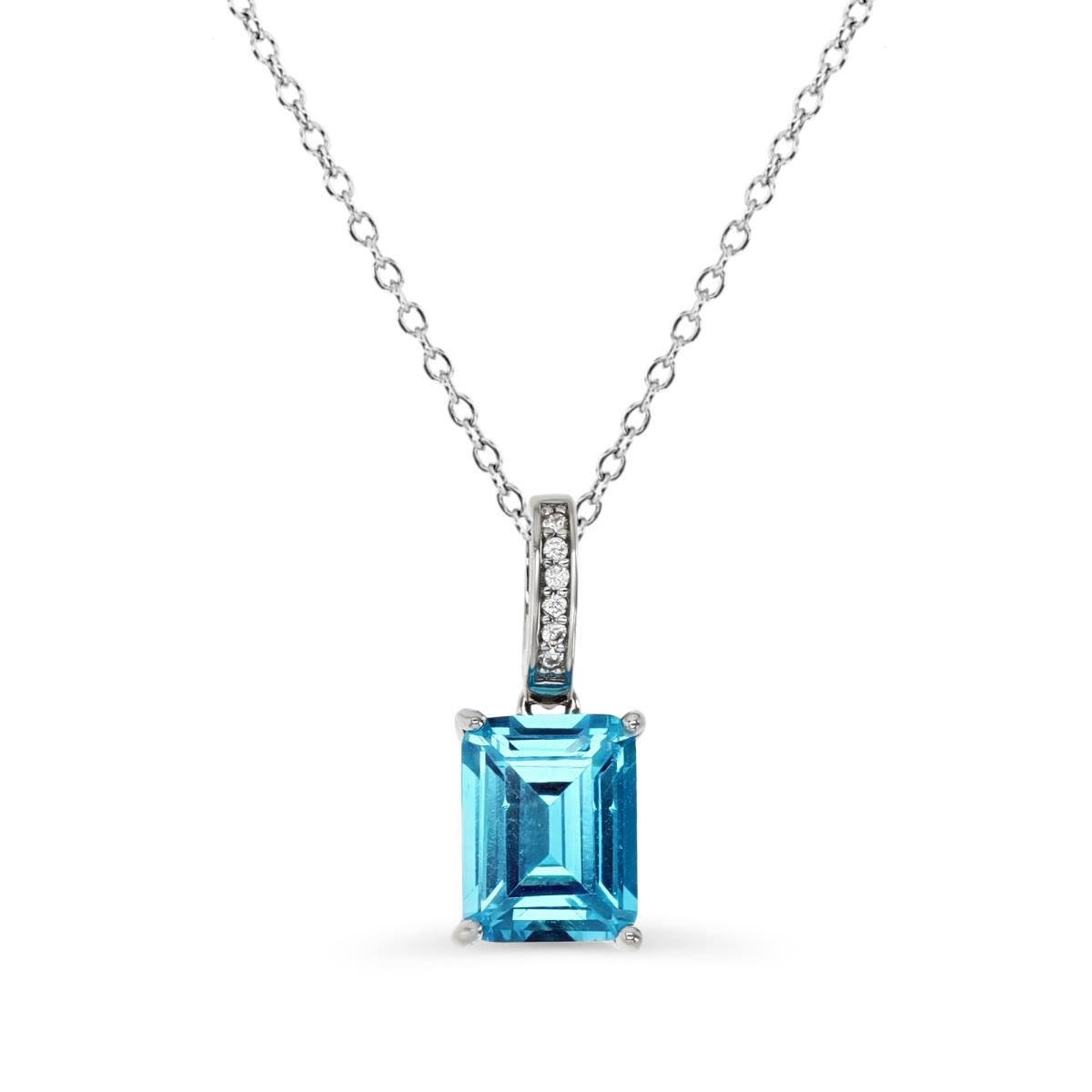 Sterling Silver Rhodium 12X7MM Polished  Swiss Blue & White CZ Emerald Cut 18''Necklace