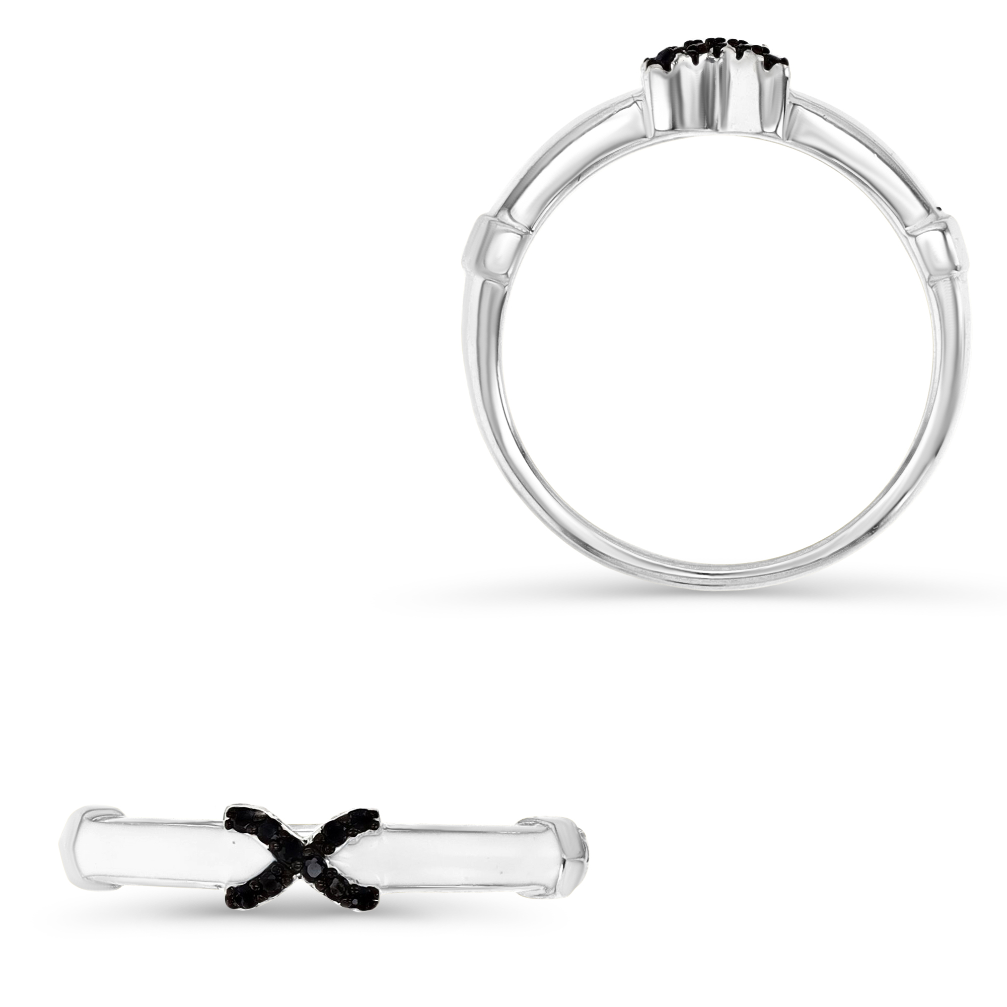 Sterling Silver Rhodium 4MM Polished Black Spinel Pave 'X' & White Enamel Ring