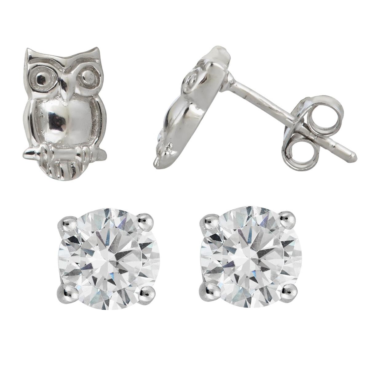 Sterling Silver Rhodium 5mm Round Cut Solitaire & Owl Stud Earring Set