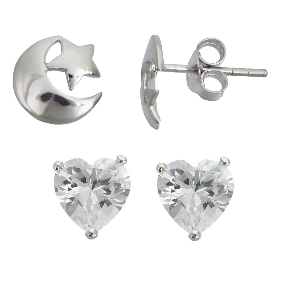 Sterling Silver Rhodium 6.00mm Heart Solitaire + Moon & Star Stud Earring Set