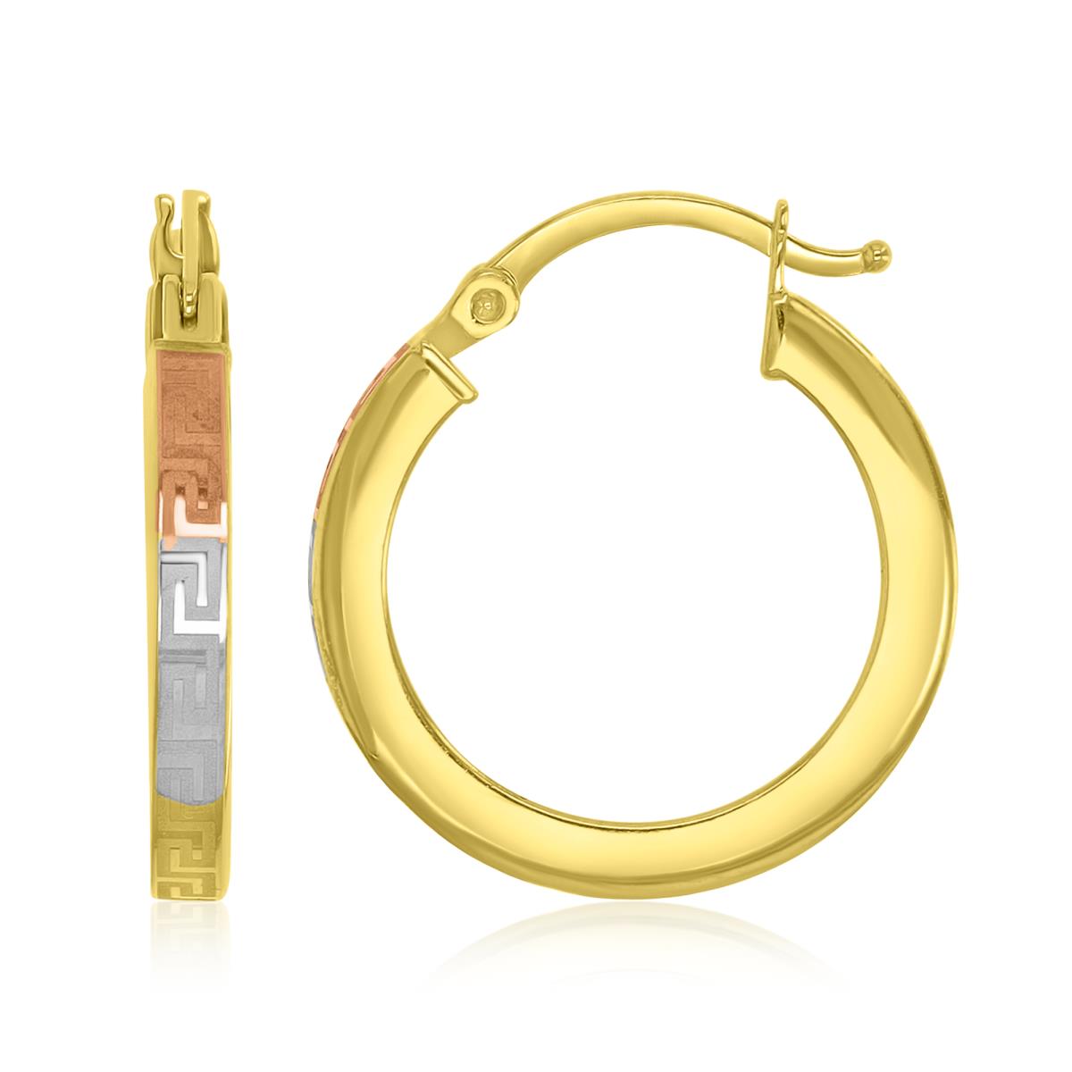 14K Gold Tricolor 2.50x15MM Greek Key Square Tube Hoop Earring