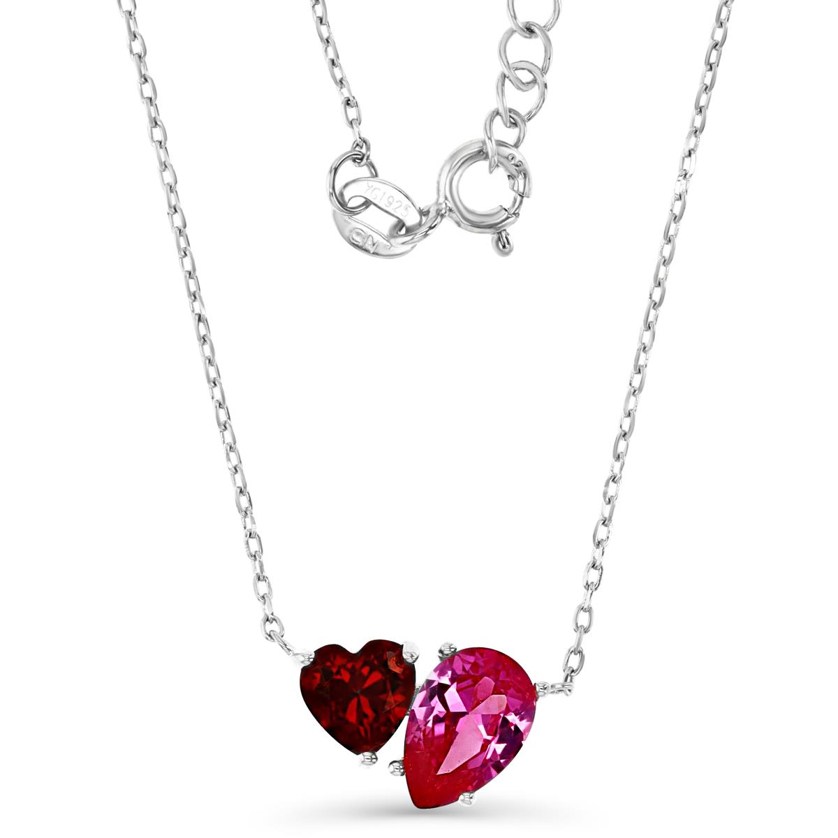 Sterling Silver Rhodium 9MM Polished Cr Ruby Heart & Pear Shape 18+2'' Necklace