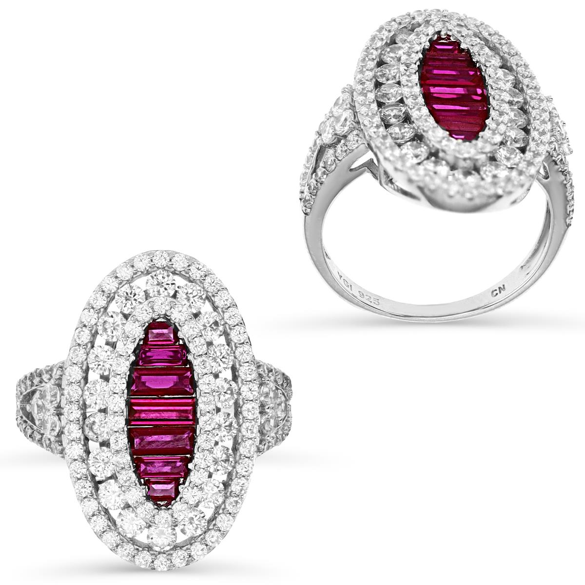 Sterling Silver Rhodium 24MM Polished Cr Ruby & White CZ Coctail Ring