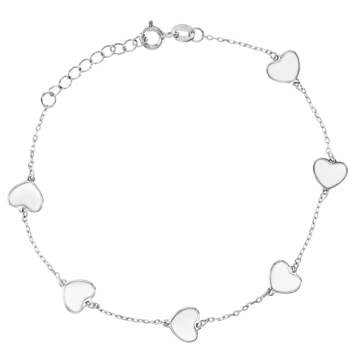 Sterling Silver Rhodium 7.5MM Polished White Enamel Heart 7+1'' Bracelet