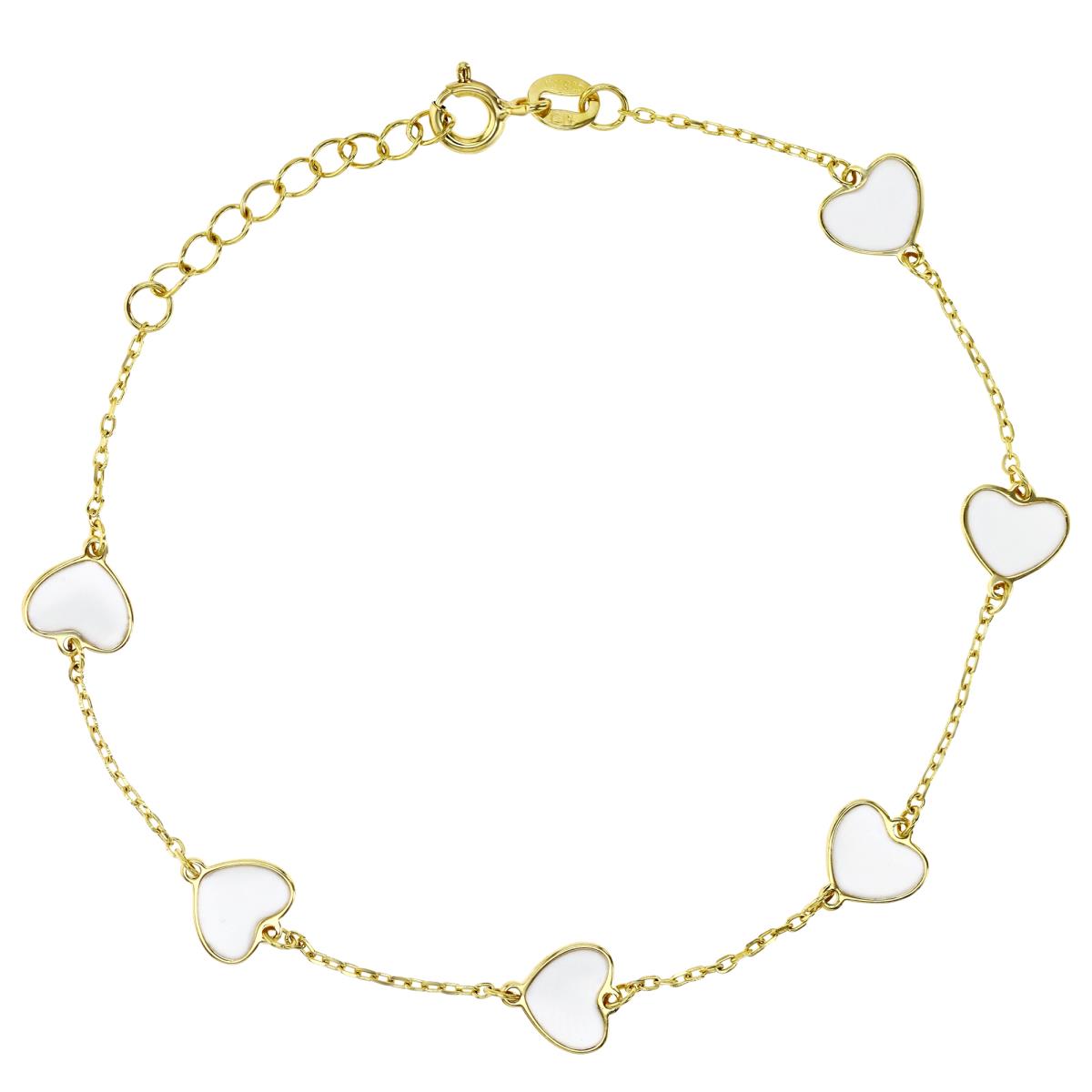 Sterling Silver Yellow 1M 7.5MM Polished White Enamel Heart 7+1'' Bracelet