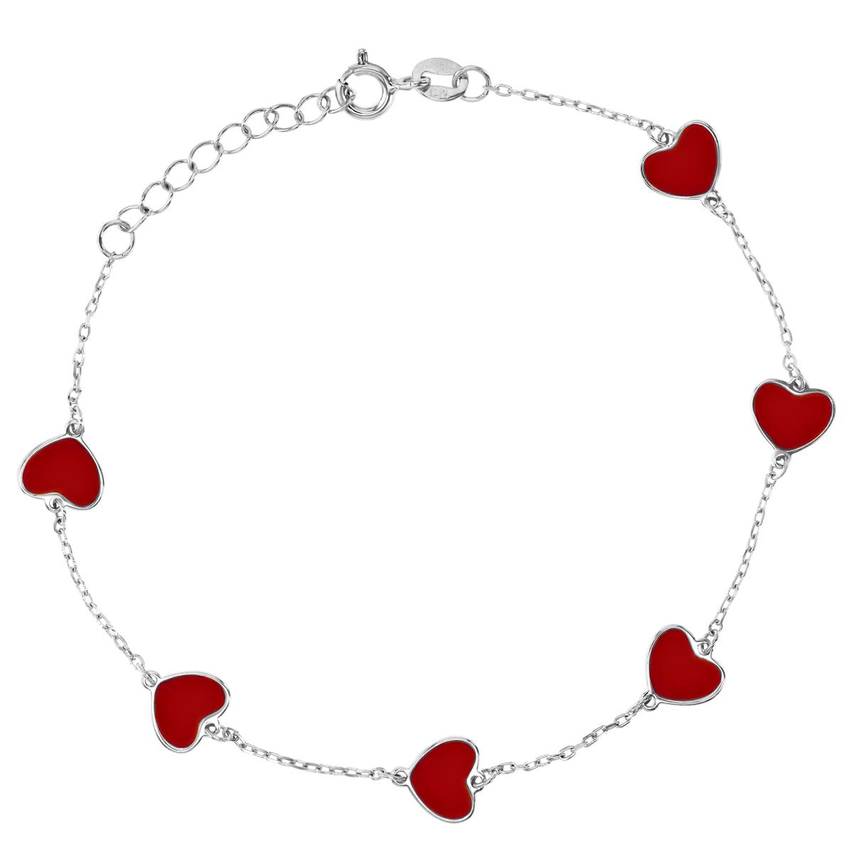 Sterling Silver Rhodium 7.5MM Polished Red Enamel Heart 7+1'' Bracelet