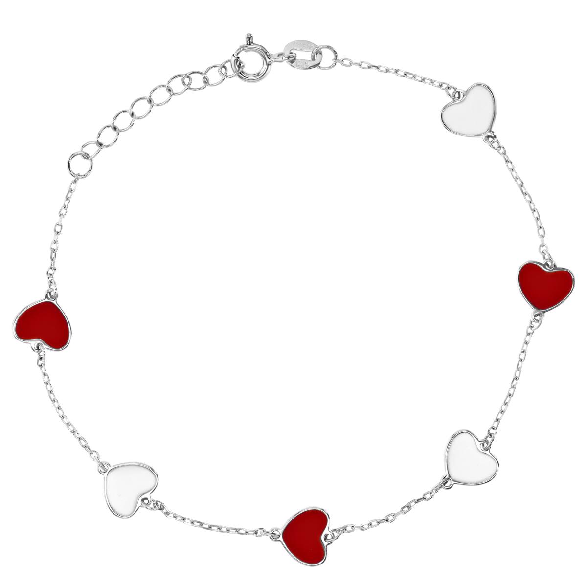 Sterling Silver Rhodium 7.5MM Polished Red & White Enamel Heart 7+1'' Bracelet