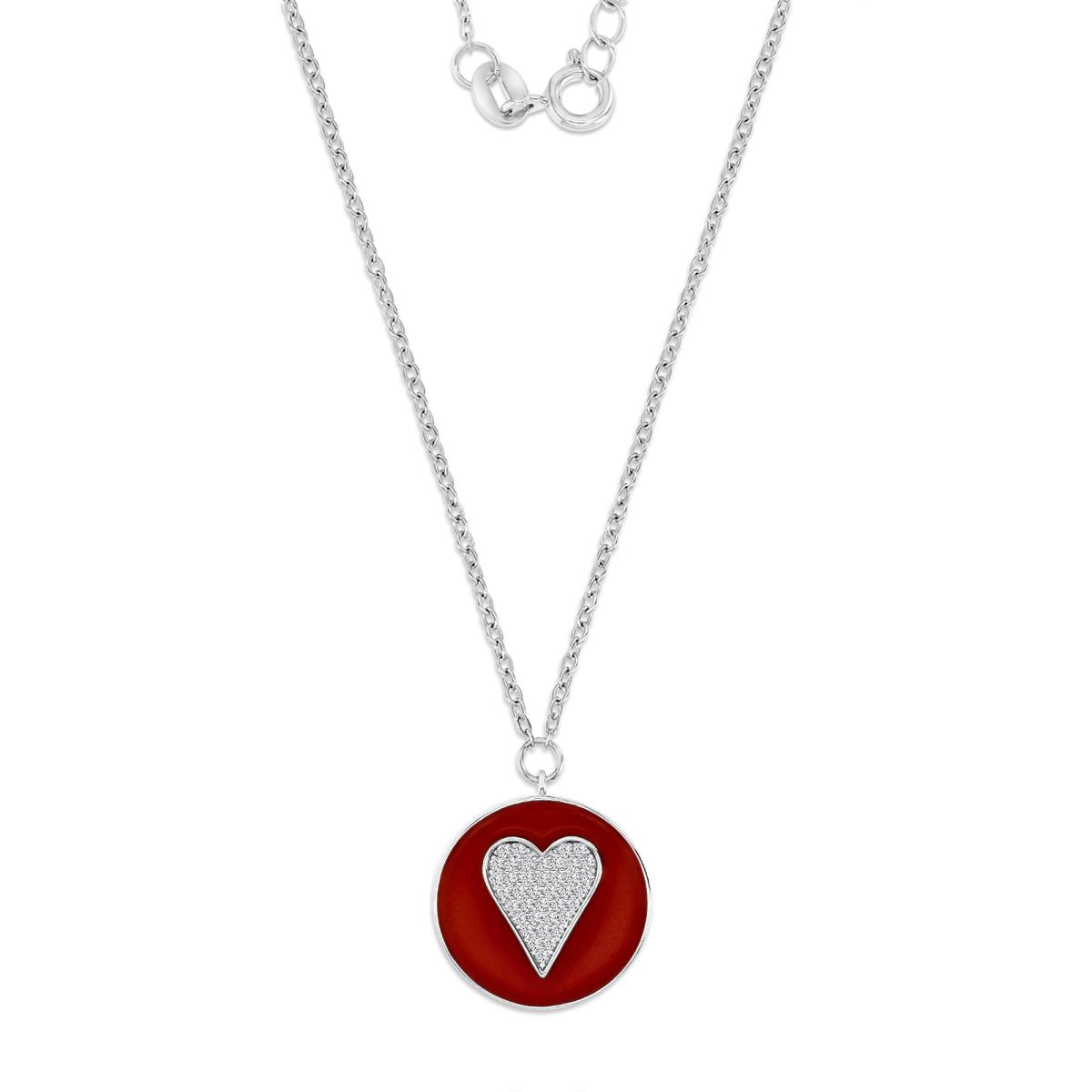 Sterling Silver Rhodium 16MM Polished White CZ Pave Heart & Red Enamel 16+2'' Dangling Necklace