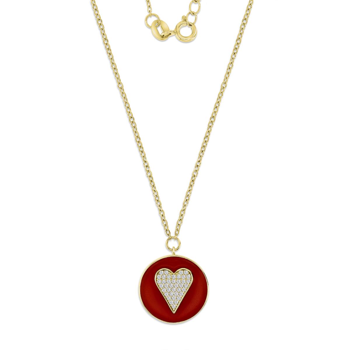 Sterling Silver Yellow 1M  16MM Polished White CZ Pave Heart & Red Enamel 16+2'' Dangling Necklace