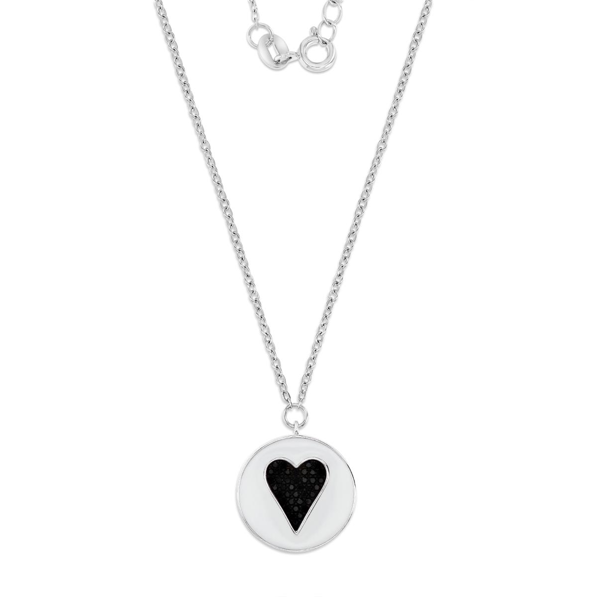 Sterling Silver Rhodium 16MM Polished Black Spinel Pave Heart & White Enamel 16+2'' Dangling Necklace