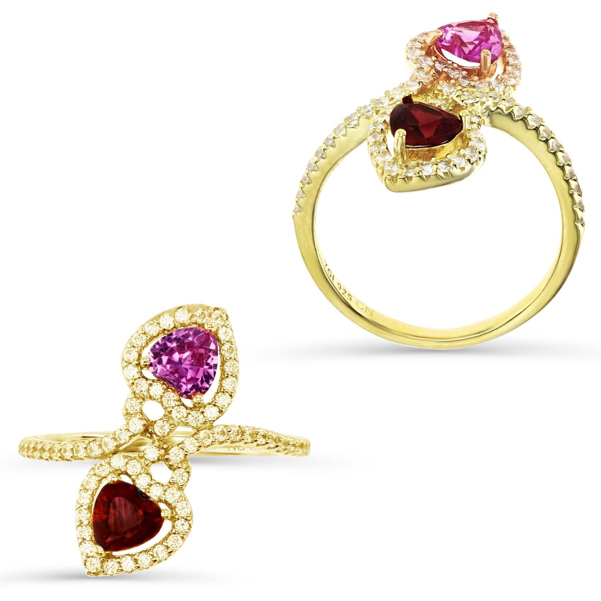 Sterling Silver Yellow 1M Double 5mm CR Ruby Heart Cut & White CZ Bypass Ring