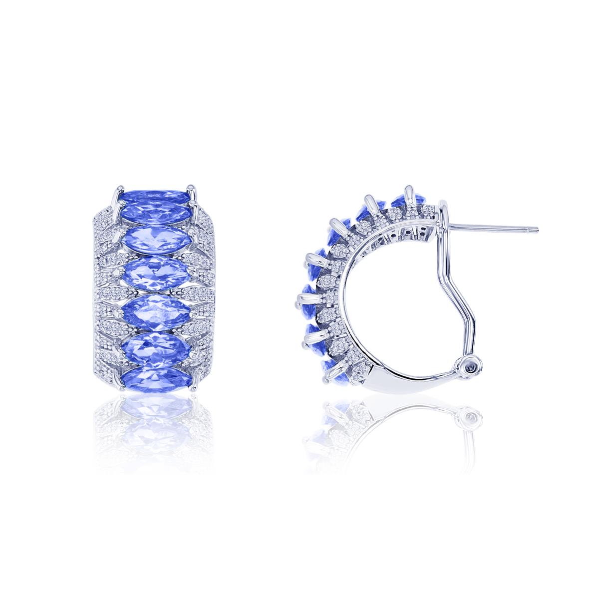 Sterling Silver Rhodium 13MM Polished Tanzanite & White CZ Coctail Omega Back Earring