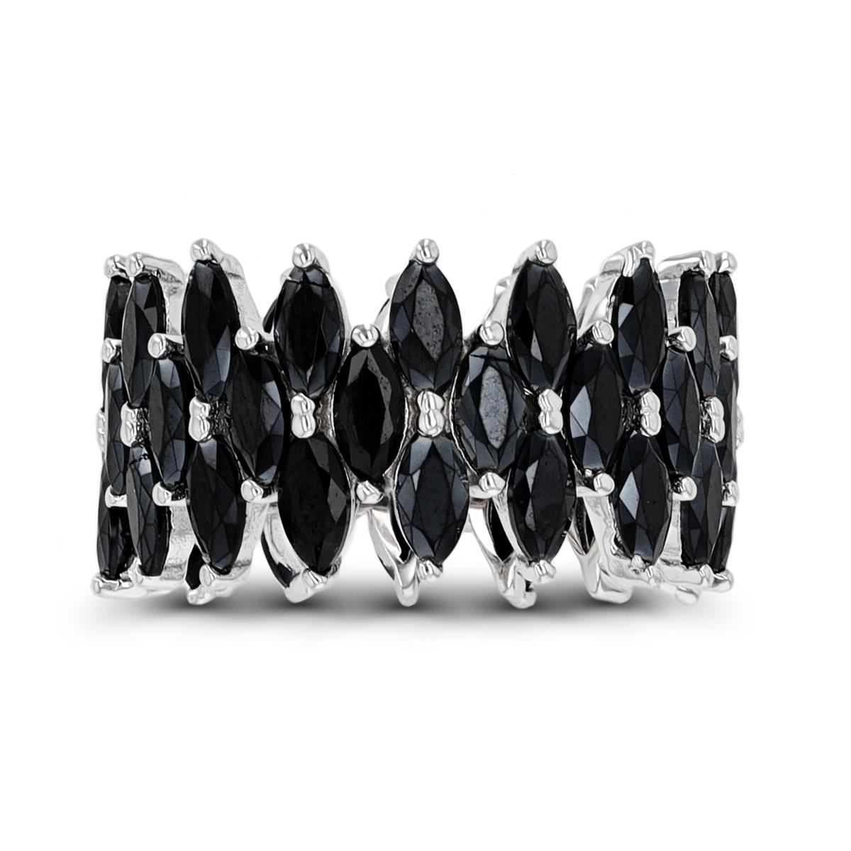 Sterling Silver Rhodium 3-Row Marquise Black Spinel Eternity Ring
