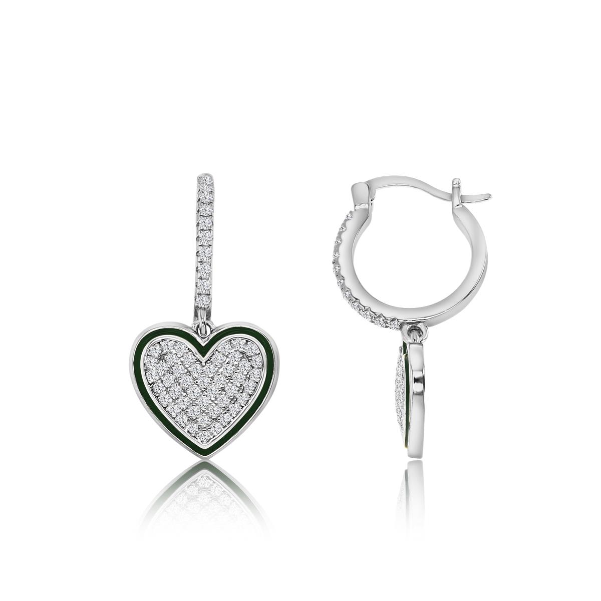 Sterling Silver Rhodium 28X13MM Polished White CZ Pave Heart & Green Enamel Dangling Hoop Earring