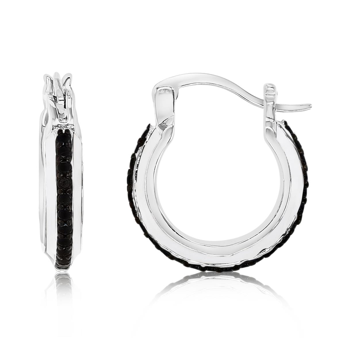 Sterling Silver Rhodium 15X3MM Polished One Row  Black Spinel & White Enamel  Hoop Earring